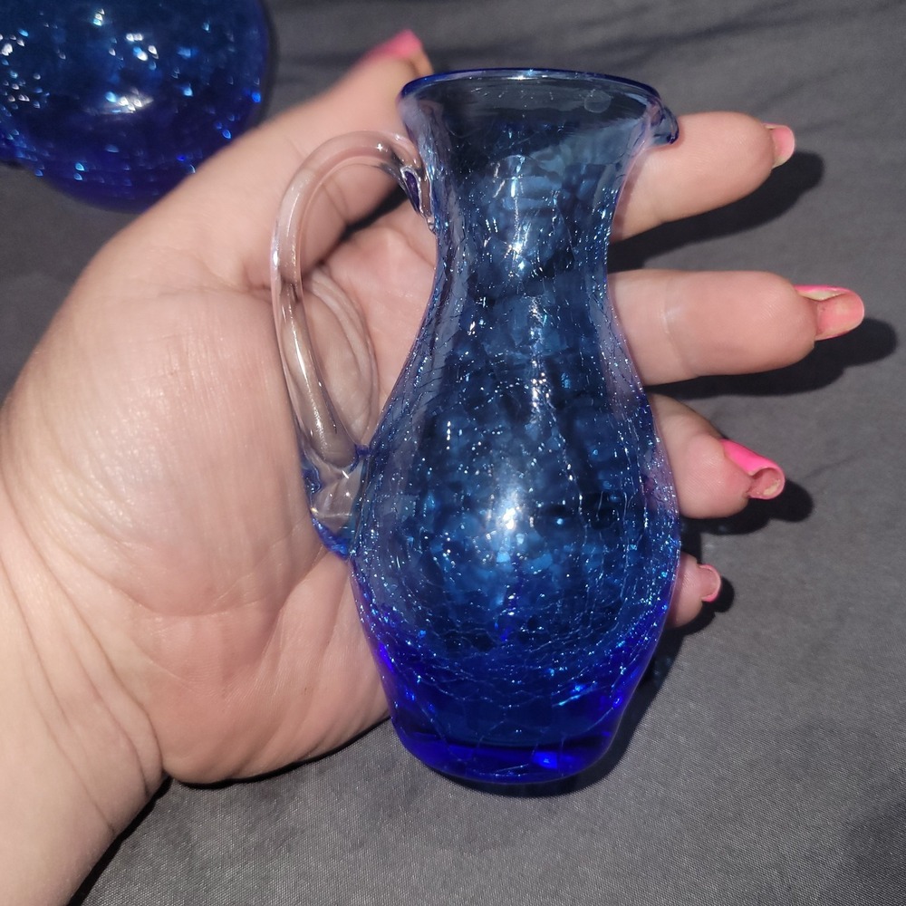 Vintage Mid Century Blue Hand Blown Crackle Small Pitchers Set Of 2 - Picture 9 of 10